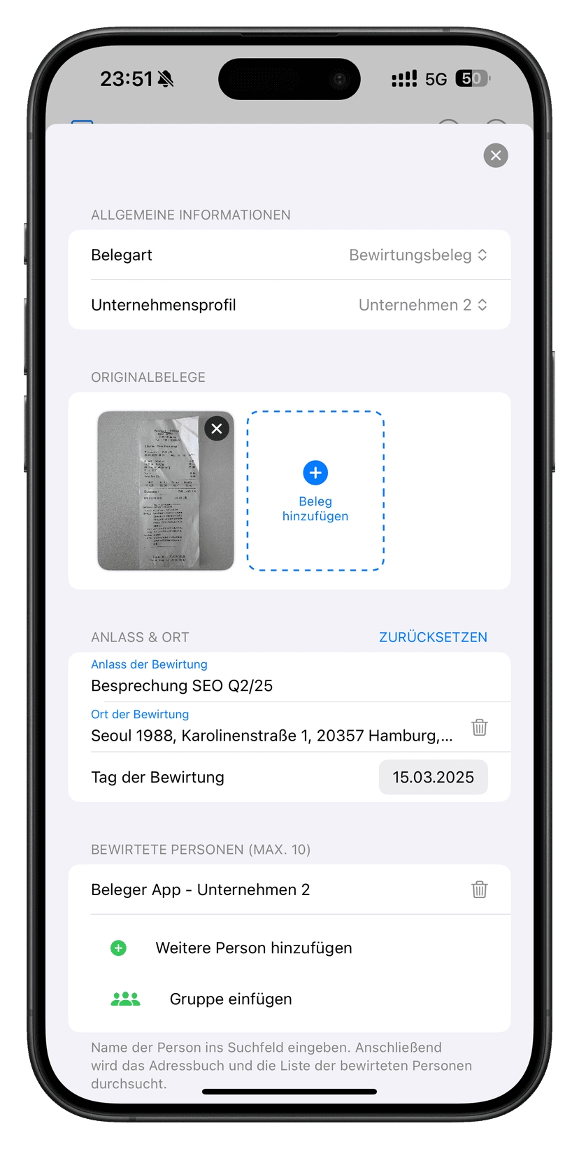 Beleger App auf einem Smartphone